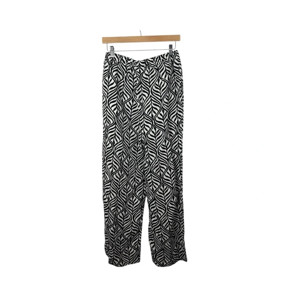 NWT H&M Women’s Wide Leg Linen-Blend Patterned Pants Black/White M